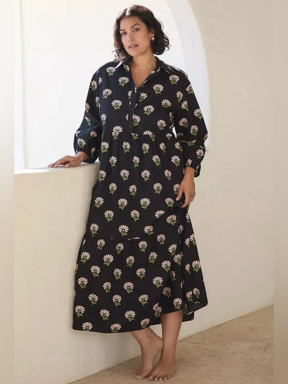 Anthropologie Bettina Tiered Midi Long Sleeve Shirt Dress Black Flower Large